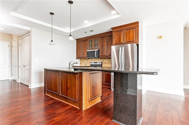 kitchen with appliances with stainless steel finishes, a raised ceiling, an island with sink, decorative backsplash, and dark wood-style floors