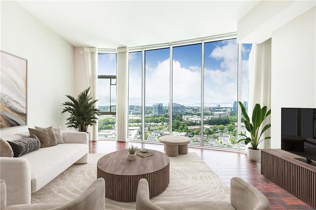living area with floor to ceiling windows and hardwood / wood-style flooring