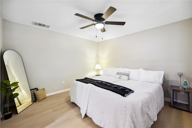 bedroom featuring ceiling fan and light wood-type flooring