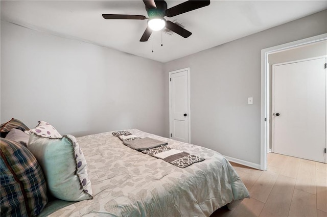 bedroom featuring light wood-type flooring and ceiling fan