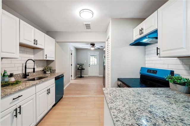 kitchen with ceiling fan, stainless steel electric stove, sink, dishwasher, and white cabinetry