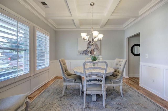 544 Pine Way, Dallas, GA 30157 - dining space with wood finished floors, a chandelier, coffered ceiling, beam ceiling, and ornamental molding