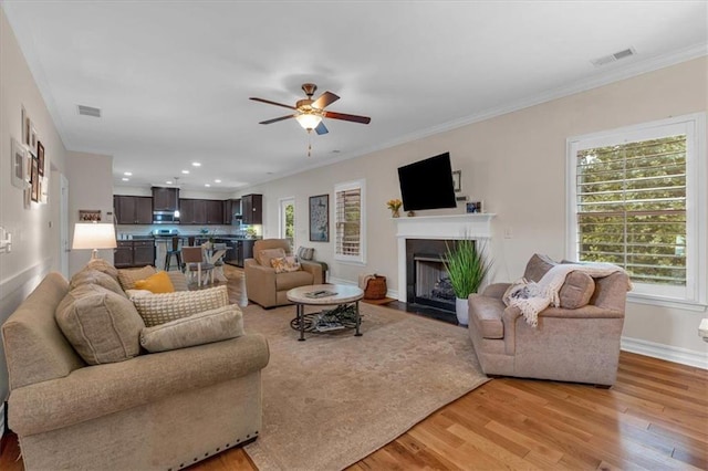 544 Pine Way, Dallas, GA 30157 - living area featuring light wood finished floors, ornamental molding, ceiling fan, baseboards, and a fireplace with flush hearth