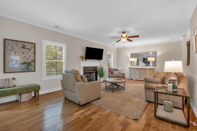 544 Pine Way, Dallas, GA 30157 - living area with crown molding, plenty of natural light, light wood-style flooring, a fireplace, and a ceiling fan