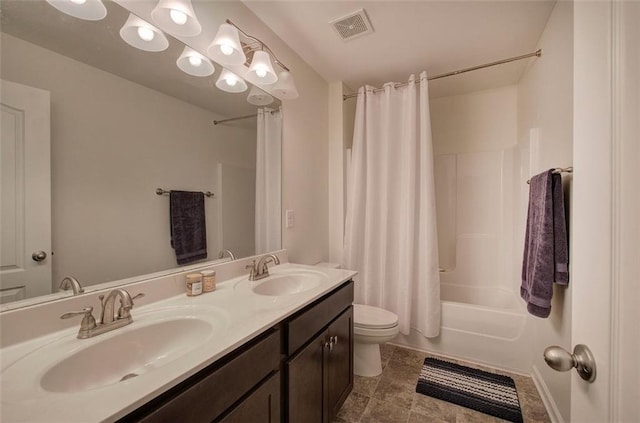 544 Pine Way, Dallas, GA 30157 - bathroom featuring toilet, shower / bathtub combination with curtain, double vanity, and tile patterned floors