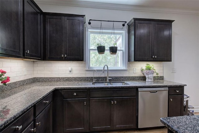 544 Pine Way, Dallas, GA 30157 - kitchen with dishwasher, a sink, ornamental molding, decorative backsplash, and dark stone counters
