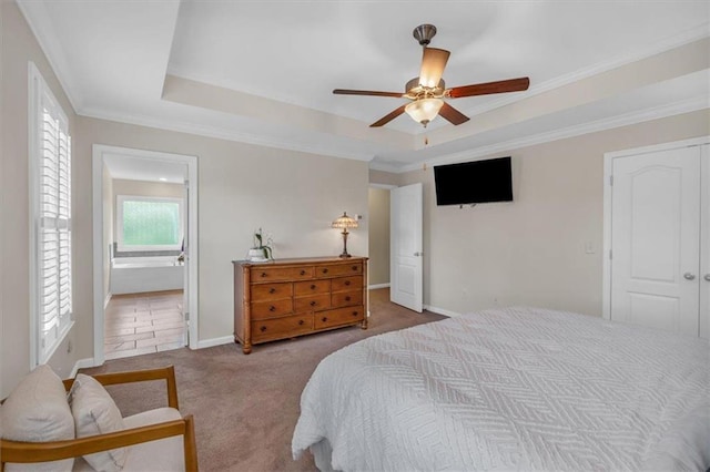 544 Pine Way, Dallas, GA 30157 - bedroom featuring carpet, a tray ceiling, ornamental molding, baseboards, and ensuite bathroom