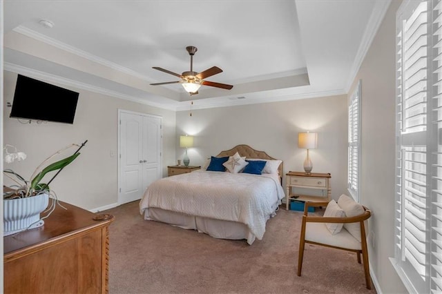 544 Pine Way, Dallas, GA 30157 - bedroom featuring carpet, a tray ceiling, ornamental molding, baseboards, and a closet