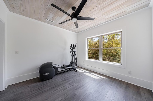 workout room featuring a ceiling fan, visible vents, wooden ceiling, baseboards, and dark wood-style floors