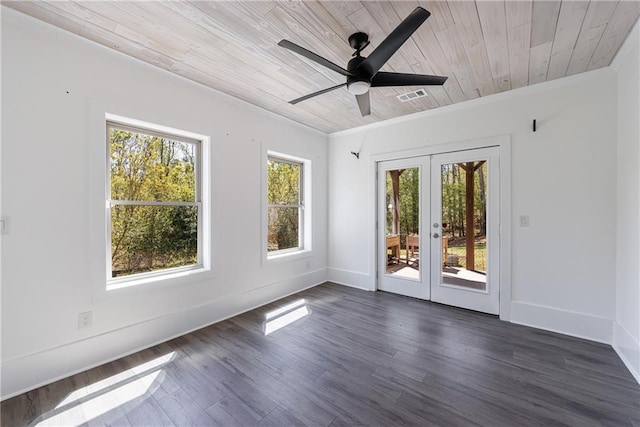 unfurnished room with dark wood-style flooring, ceiling fan, french doors, wooden ceiling, and visible vents