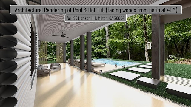 view of patio featuring ceiling fan and an outdoor pool