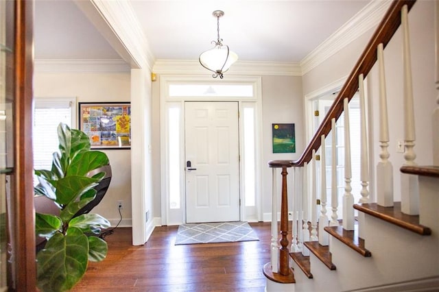 entryway featuring ornamental molding and dark wood-type flooring