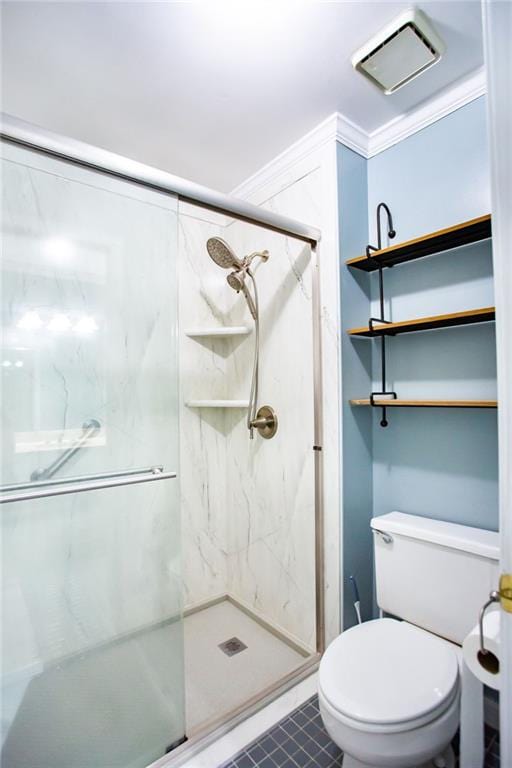 bathroom featuring toilet, walk in shower, and ornamental molding