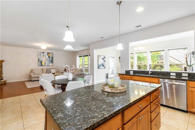 441 Spring View Dr, Woodstock, GA 30188 - kitchen featuring dishwasher, light tile patterned flooring, open floor plan, brown cabinetry, and recessed lighting