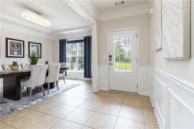 441 Spring View Dr, Woodstock, GA 30188 - foyer with crown molding, wainscoting, a decorative wall, and light tile patterned floors