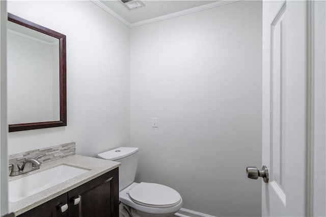 6006 Lanier Heights Cir, Buford, GA 30518 - half bathroom featuring vanity, crown molding, and toilet