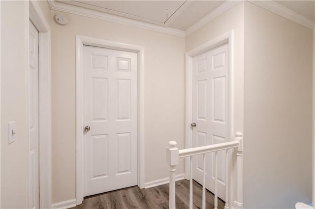6006 Lanier Heights Cir, Buford, GA 30518 - hall with dark wood-style floors, attic access, ornamental molding, and baseboards