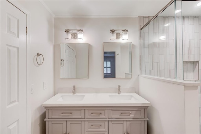 6006 Lanier Heights Cir, Buford, GA 30518 - bathroom featuring double vanity, ornamental molding, and a tile shower