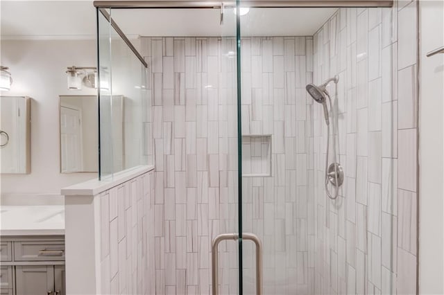 6006 Lanier Heights Cir, Buford, GA 30518 - bathroom with a stall shower, vanity, and crown molding