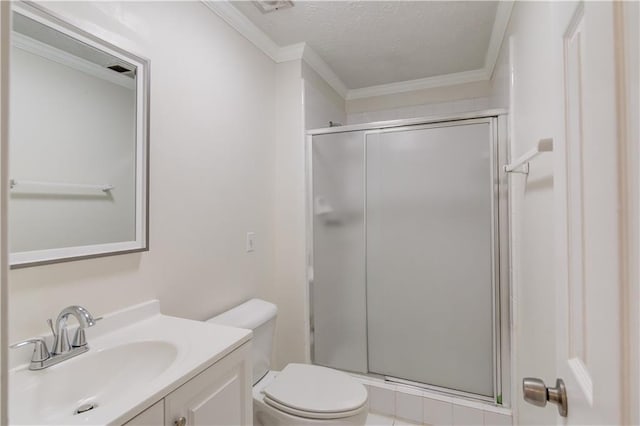 6006 Lanier Heights Cir, Buford, GA 30518 - bathroom with a shower stall, vanity, toilet, a textured ceiling, and ornamental molding
