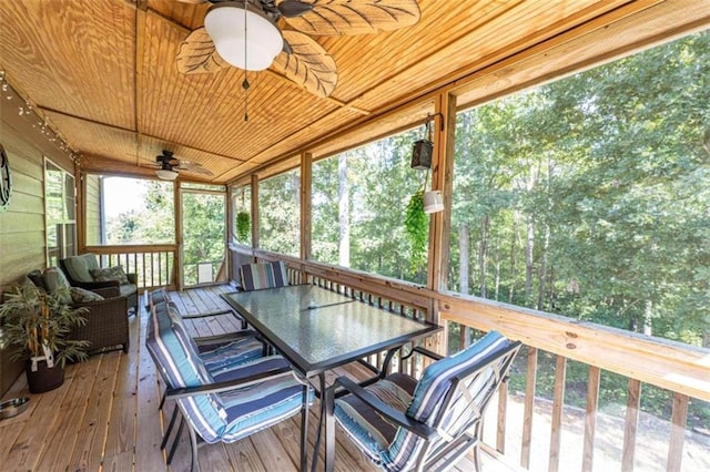 sunroom / solarium featuring wood ceiling and ceiling fan