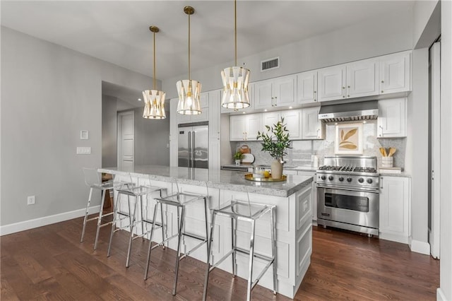 1820 Peachtree St NW Unit 804, Atlanta, GA 30309 - kitchen featuring premium appliances, under cabinet range hood, tasteful backsplash, dark wood finished floors, and a kitchen island