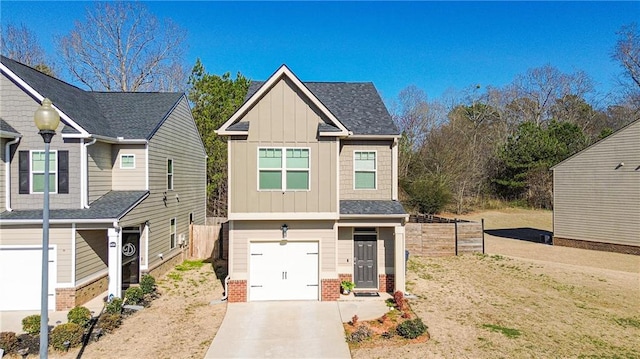 craftsman-style house with brick siding, concrete driveway, an attached garage, board and batten siding, and fence