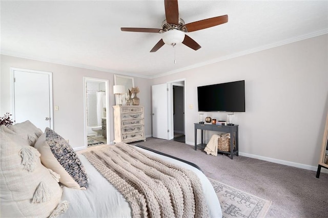 1140 Reading Dr NW, Acworth, GA 30102 - bedroom with carpet, ornamental molding, a ceiling fan, and connected bathroom