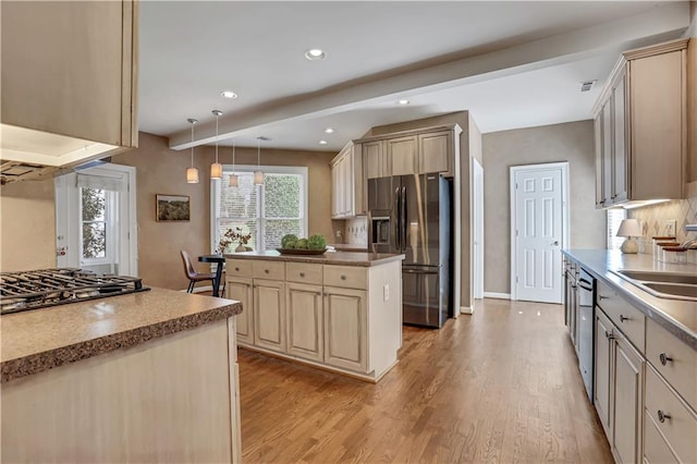 1215 Wynridge Xing, Alpharetta, GA 30005 - kitchen with fridge with ice dispenser, gas stovetop, light wood-style flooring, a sink, and recessed lighting