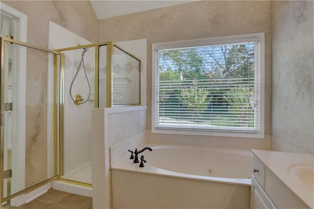 1215 Wynridge Xing, Alpharetta, GA 30005 - bathroom with a whirlpool tub, a stall shower, vanity, and tile patterned floors