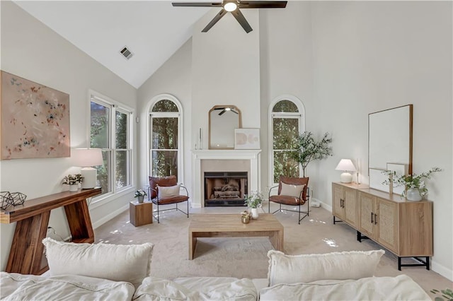 1215 Wynridge Xing, Alpharetta, GA 30005 - living room with high vaulted ceiling, light carpet, and baseboards