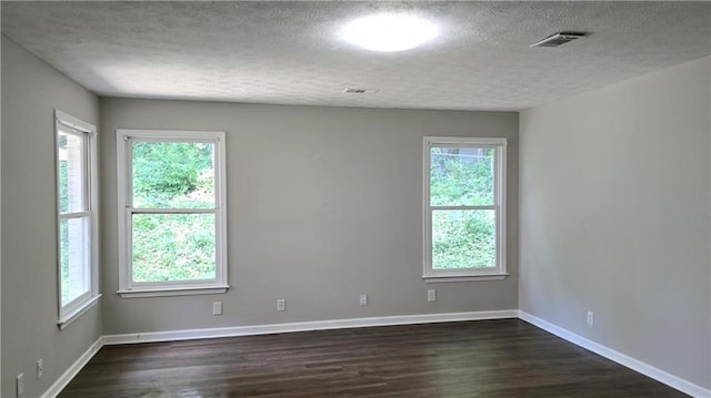 empty room with dark hardwood / wood-style flooring, a wealth of natural light, and a textured ceiling