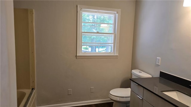 bathroom featuring vanity, a washtub, and toilet