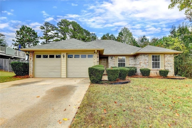 single story home with a front yard and a garage