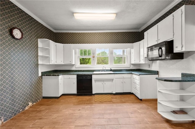 kitchen with white cabinetry, sink, crown molding, a textured ceiling, and black appliances