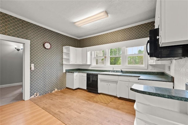 kitchen featuring dishwasher, crown molding, sink, light hardwood / wood-style flooring, and white cabinetry