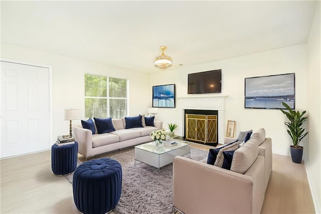 living area with wood finished floors and a fireplace