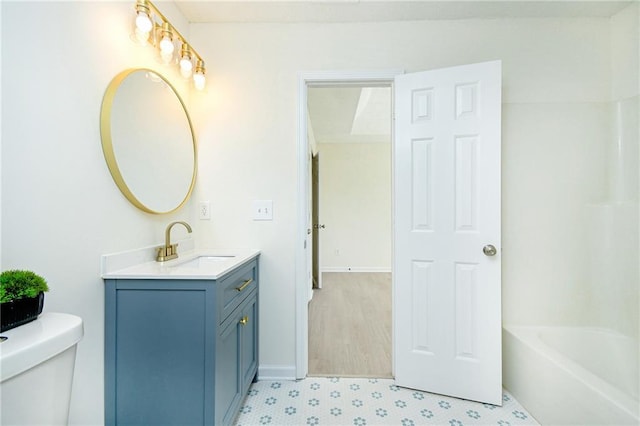 full bathroom with a bath, walk in shower, toilet, vanity, and tile patterned floors