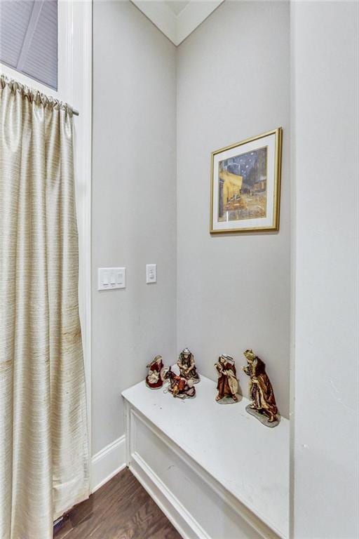 bathroom with hardwood / wood-style flooring