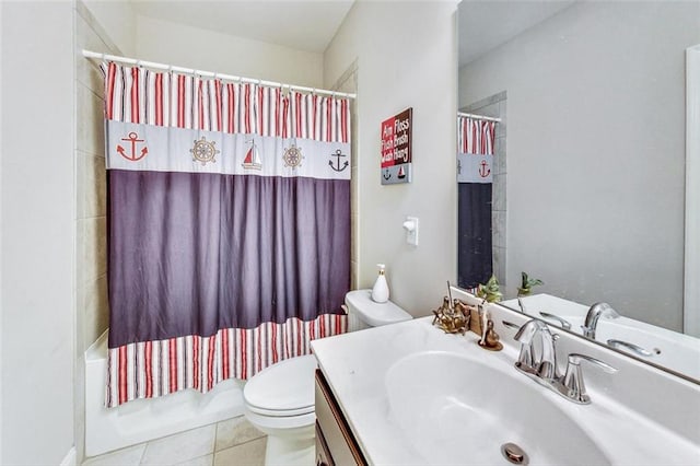 full bathroom with shower / tub combo, tile patterned flooring, vanity, and toilet