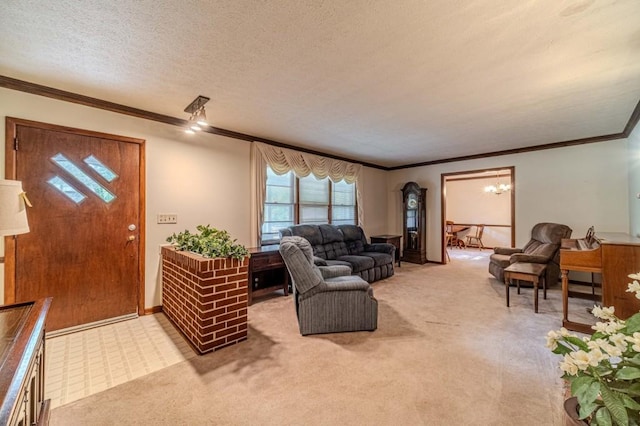 living room with a chandelier, light carpet, crown molding, and a textured ceiling