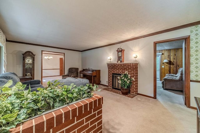 bedroom with crown molding, carpet floors, a brick fireplace, and baseboards