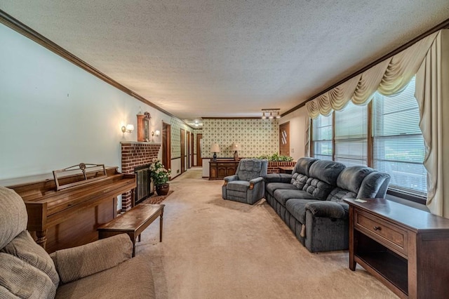 living room featuring a textured ceiling, light carpet, ornamental molding, a brick fireplace, and wallpapered walls