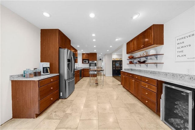 kitchen with wine cooler, light tile patterned flooring, sink, stainless steel fridge with ice dispenser, and light stone countertops