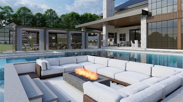 view of pool featuring an outdoor living space with a fire pit and a patio