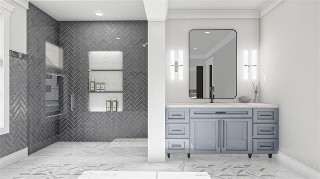 bathroom featuring ornamental molding and vanity