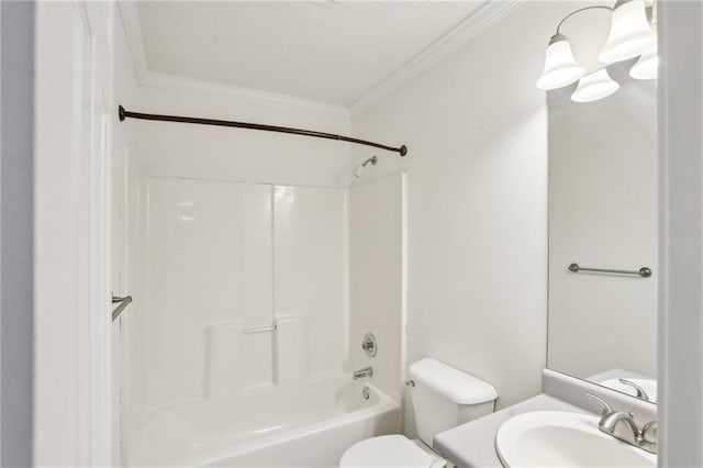 full bathroom featuring vanity,  shower combination, toilet, and ornamental molding