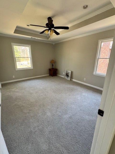 spare room featuring a tray ceiling, baseboards, a healthy amount of sunlight, and crown molding