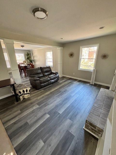 living room with baseboards and dark wood-type flooring