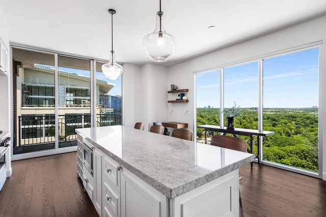 kitchen featuring light stone countertops, pendant lighting, white cabinets, dark hardwood / wood-style flooring, and stainless steel microwave